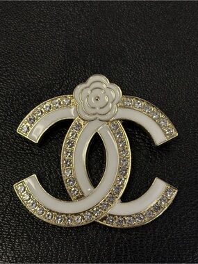 Chanel-White Camellia Crystal Double C Brooch